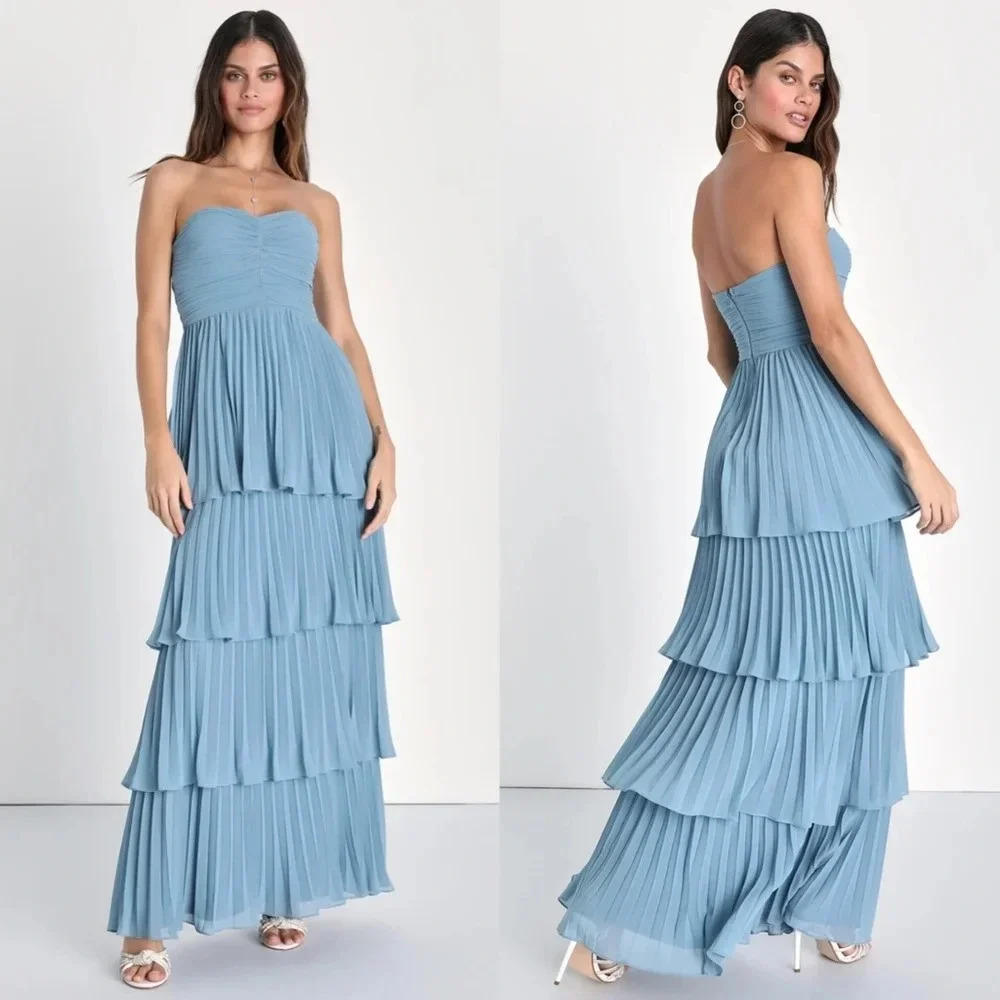 Lulus Seriously Sensational Light Blue Strapless Tiered Maxi Dress Wedding Party